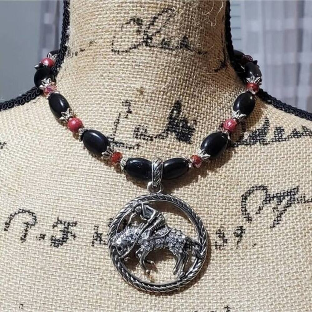 TRESKA Western beaded since jeweled crystal cowboy bronco necklace